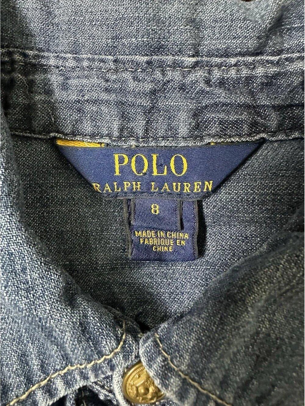 Polo Ralph Lauren Girls Denim Dress Button Front Long Sleeve Blue Size 8